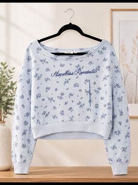 Mighty Fine Pale Blue 'Hopeless Romantic' Floral Cropped Sweatshirt